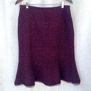 Albert Nipon Wool Blend Plum Boucle Tweed Skirt Flared Sheer Fringe Hem